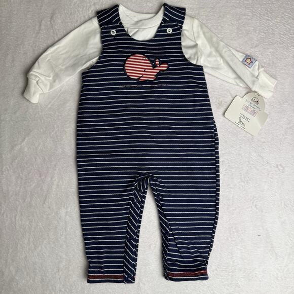 Vtg Buster Brown Stripe Overalls Whale Outfit Set Boys 3-6 Months Blue White NWT - Picture 1 of 6